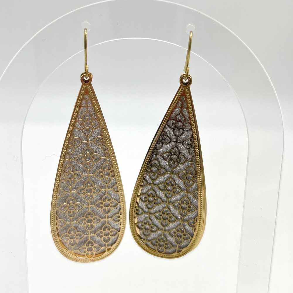 Gold Tone Teardrop‎ Dangle Earrings Filigree Pattern Glitter Layered